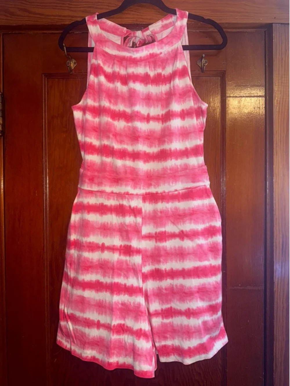 New York & Company Pink Sleeveless Cotton Romper with Pockets | Size Large |